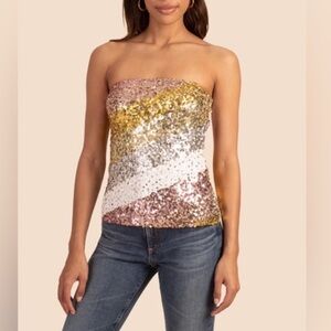 Trina Turk Sequin Strapless Top in Gold, Pink, and White